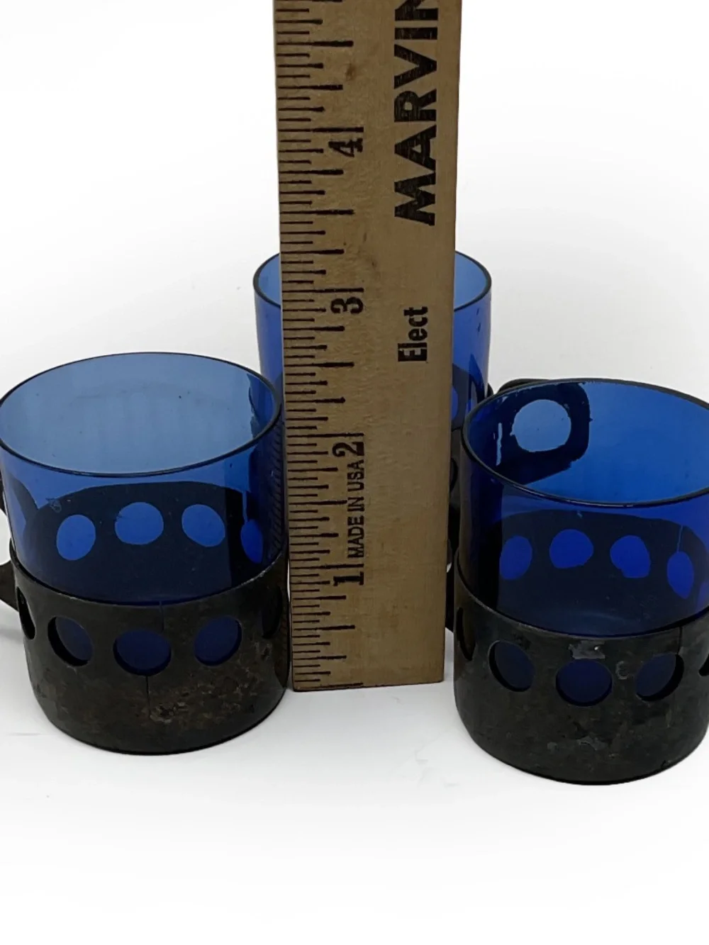 Rare set of 3 vintage mid-century modern cobalt blue glass mugs in metal cages